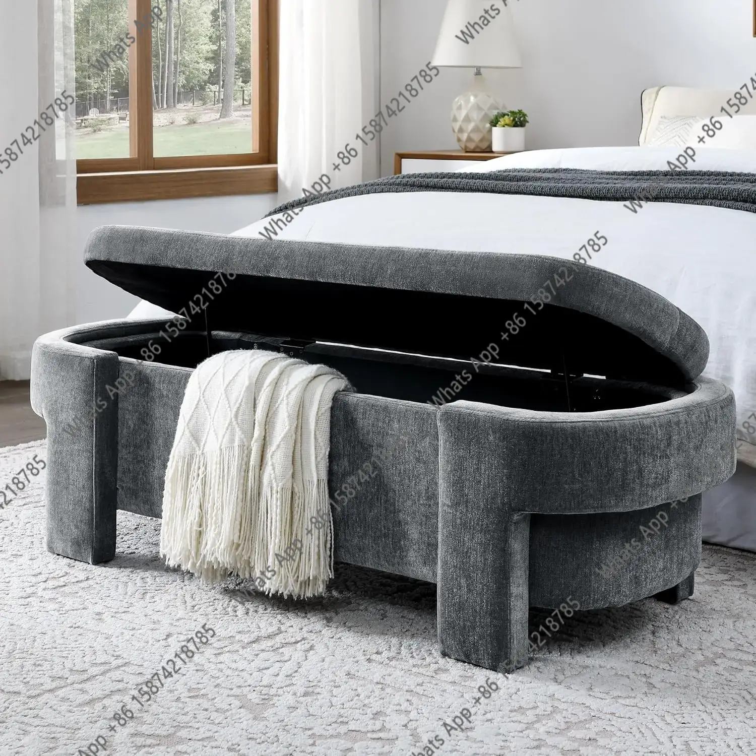 Bedroom Furniture - Bangku Penyimpanan Oval Berlapis Kain Linen