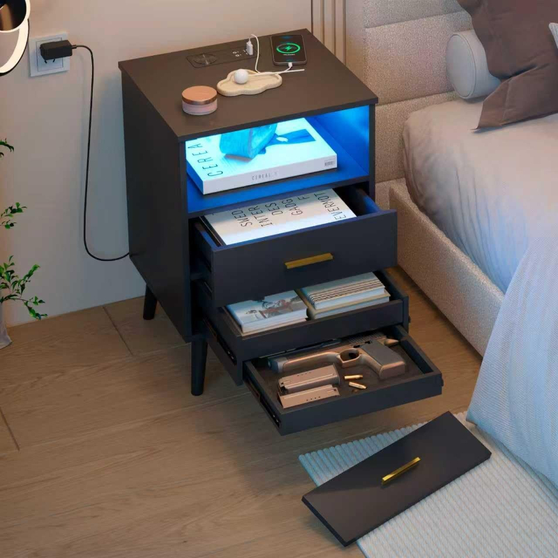 Solid Wood Nightstand 2 Drawers - Meja Nakas dengan Laci Pengisi Daya,
