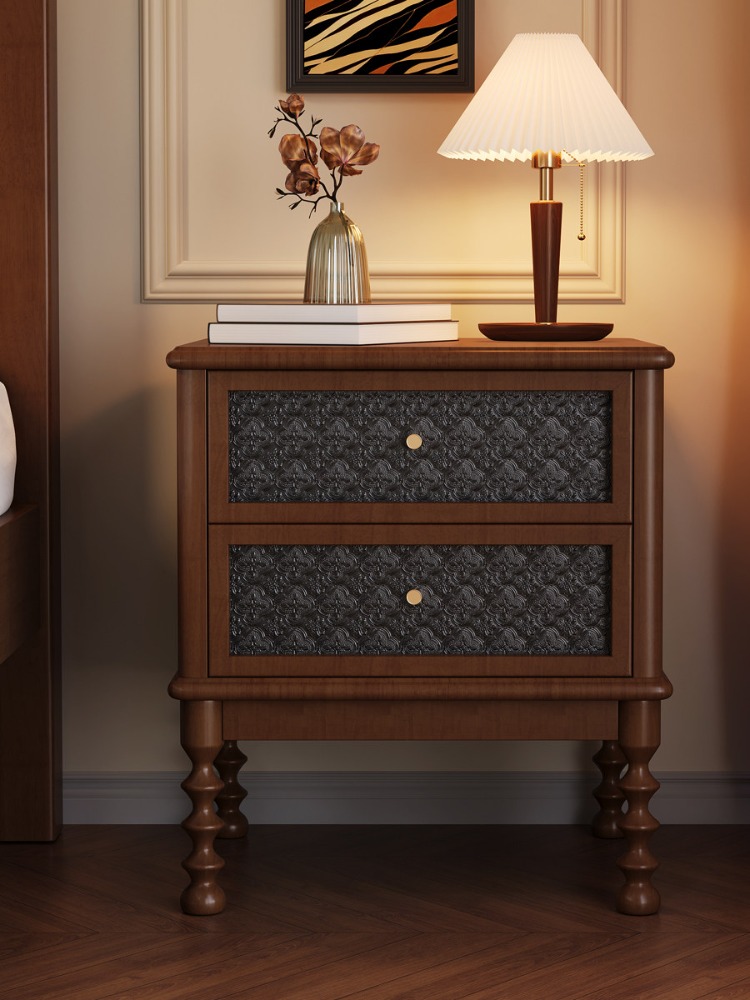 Solid Wood Nightstand 2 Drawers - Meja Nakas Vintage Kaca Cetak Furnitur