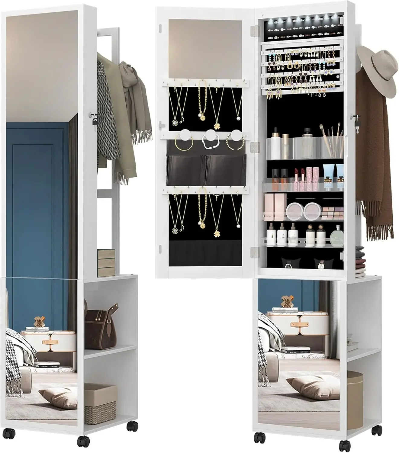 Full Length Mirror Jewelry Armoire - Lemari Perhiasan 8 LED, Organizer Perhiasan
