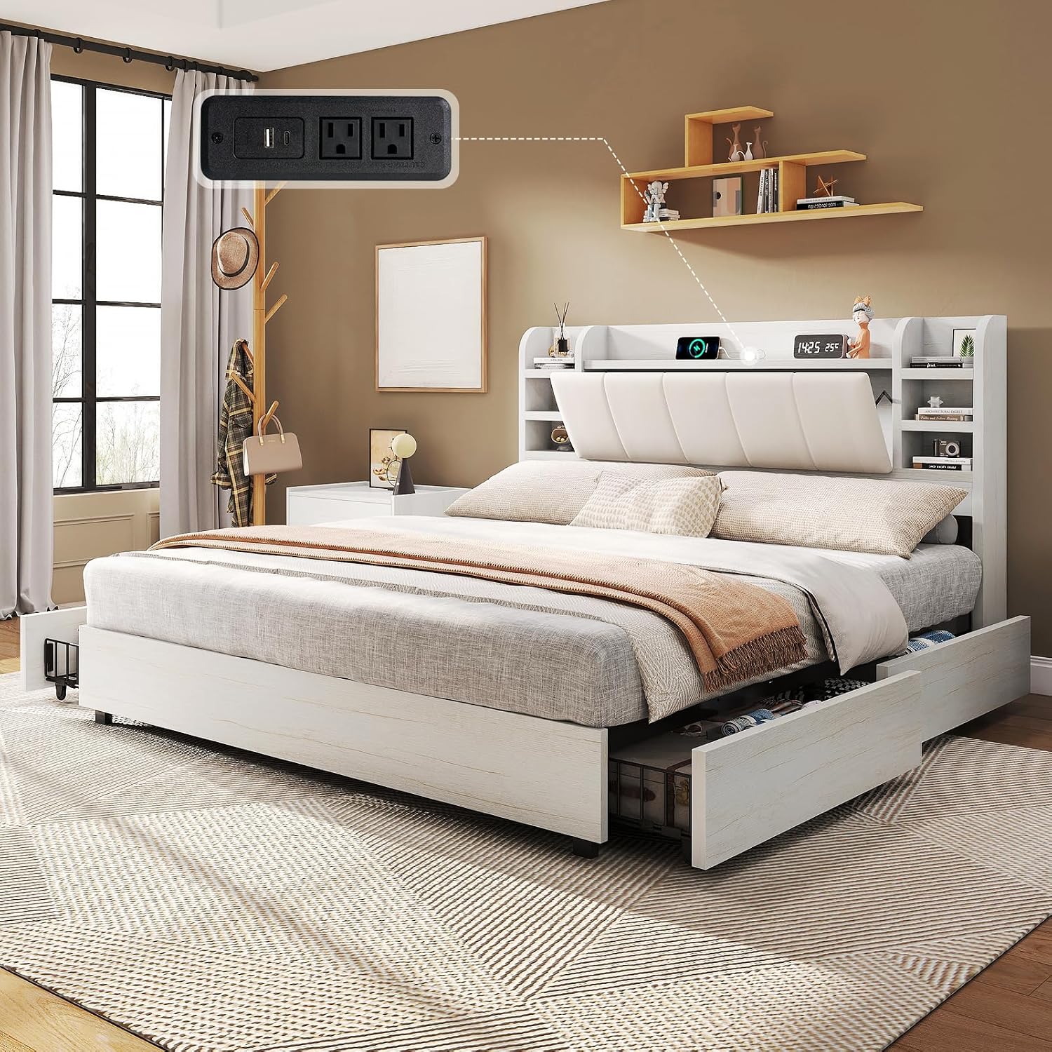 King Size Bed Frame With Storage Drawers - Tempat Tidur Platform Berlapis Kain Ukuran