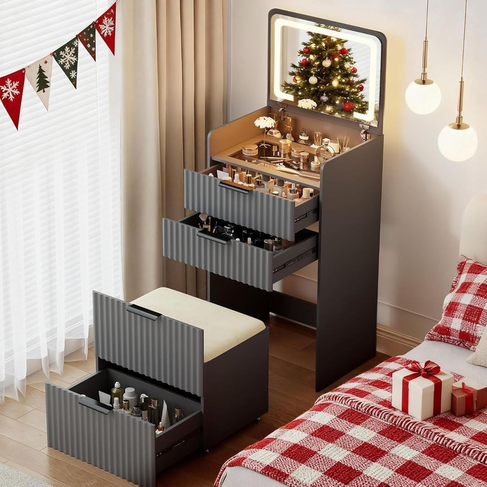 Bedroom Furniture - Meja Rias Abu-abu 3-in-1 dengan Cermin,