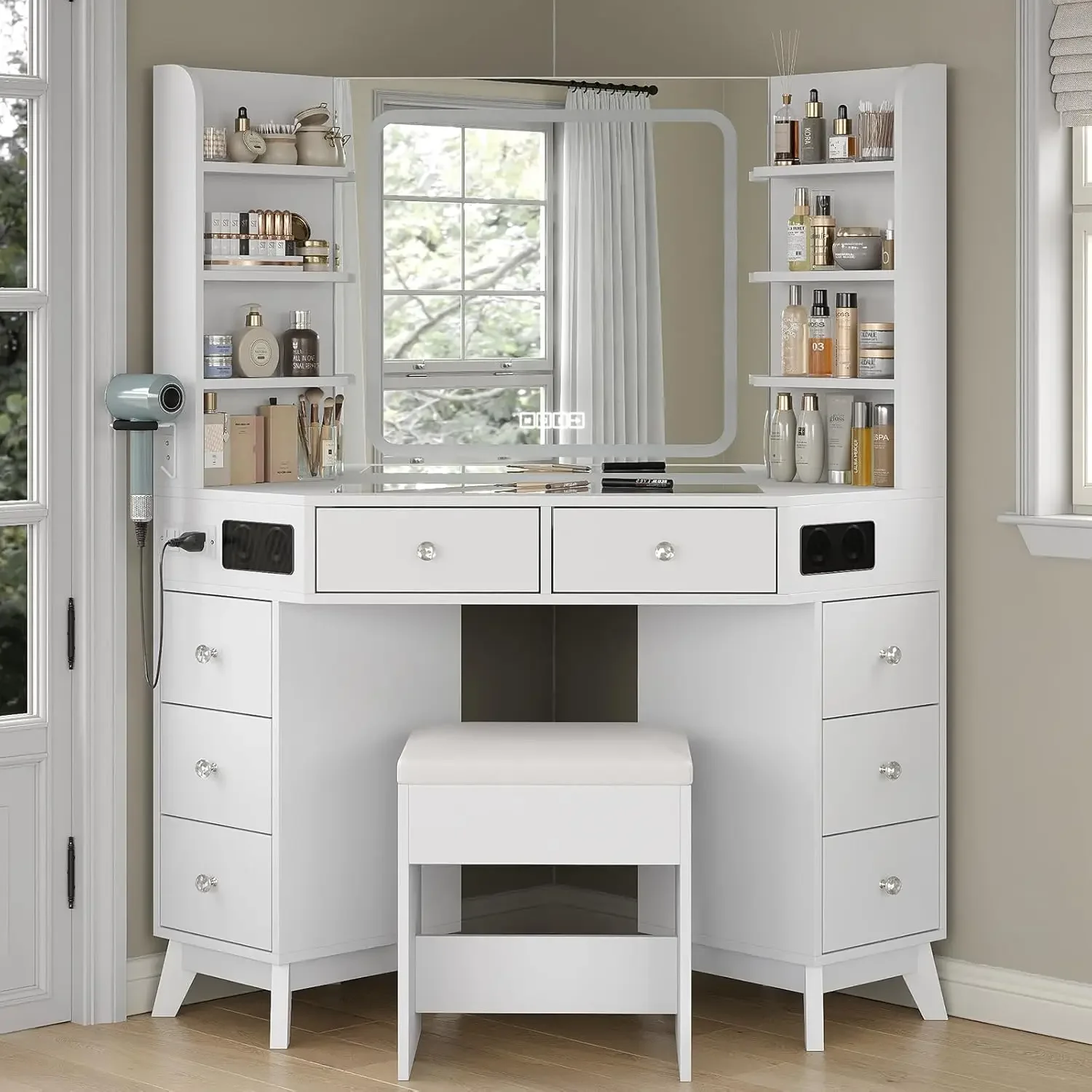 Dressing Table Vanity With Lighted Mirror - Meja Rias Sudut dengan Speaker, Laci,