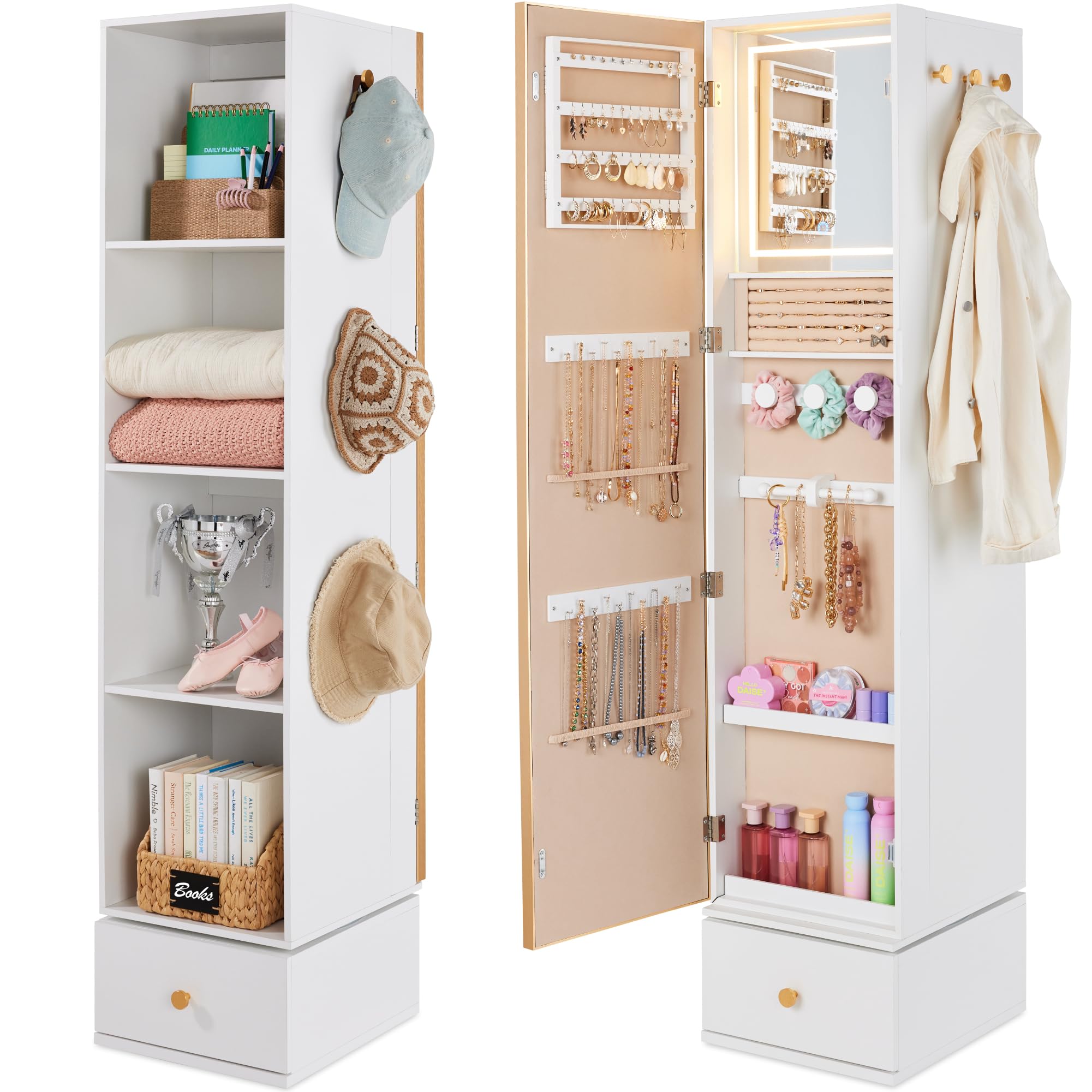 Full Length Mirror Jewelry Armoire - Cermin Putar dengan Kabinet Penyimpanan, Lemari