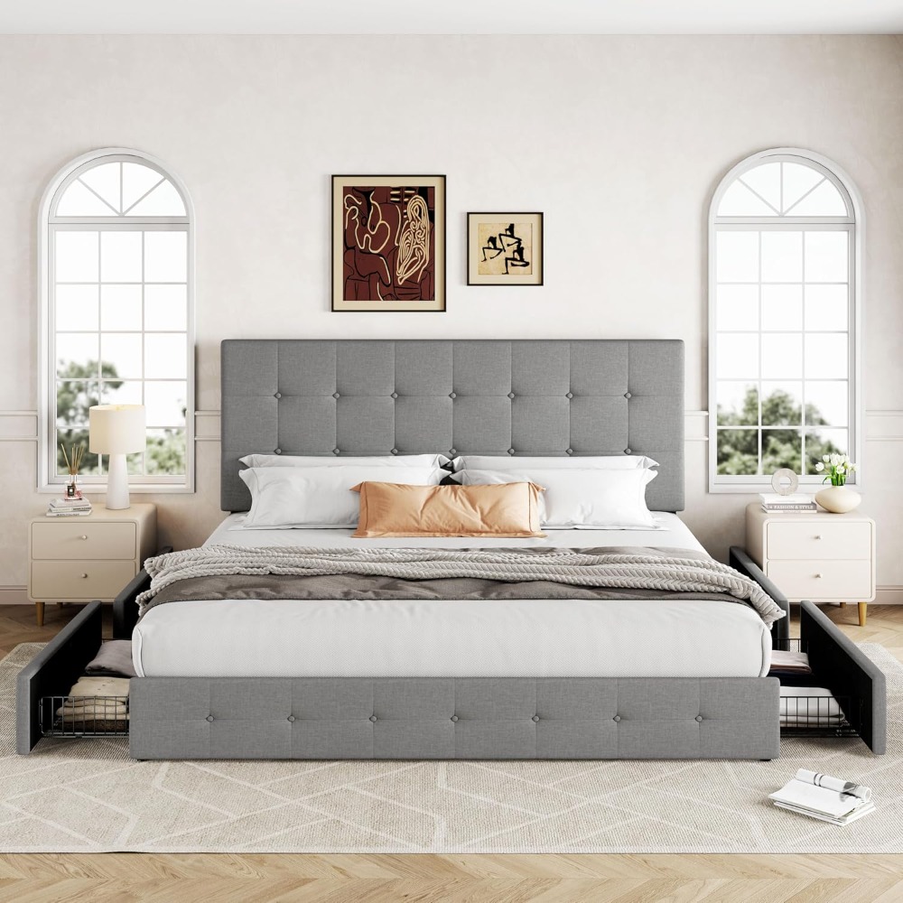 King Size Bed Frame With Storage Drawers - Rangka Tempat Tidur Platform Ukuran King
