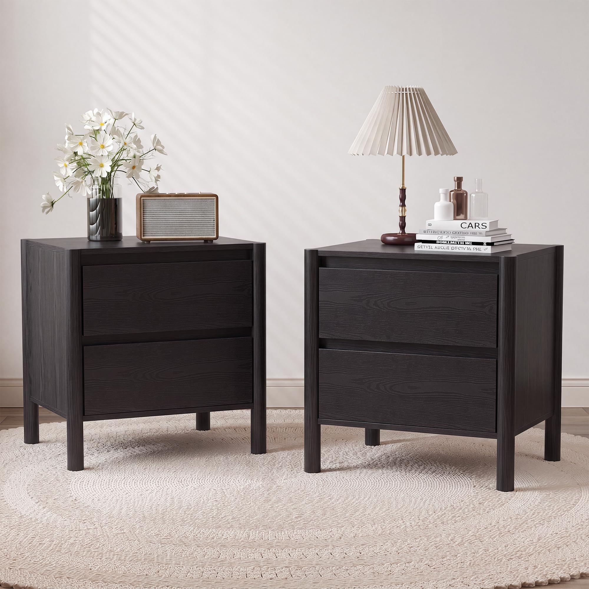 Solid Wood Nightstand 2 Drawers - Set Meja Nakas Hitam Gaya Mid