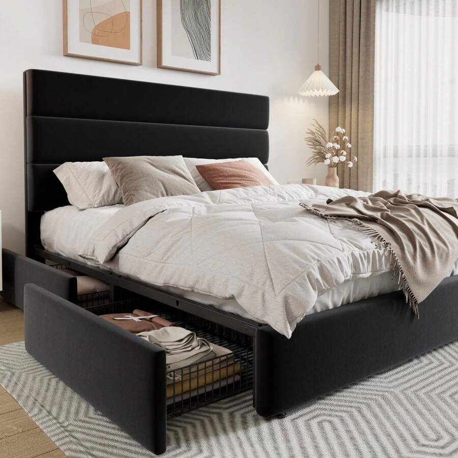 King Size Bed Frame With Storage Drawers - Rangka Tempat Tidur Platform Ukuran Full/Queen/King