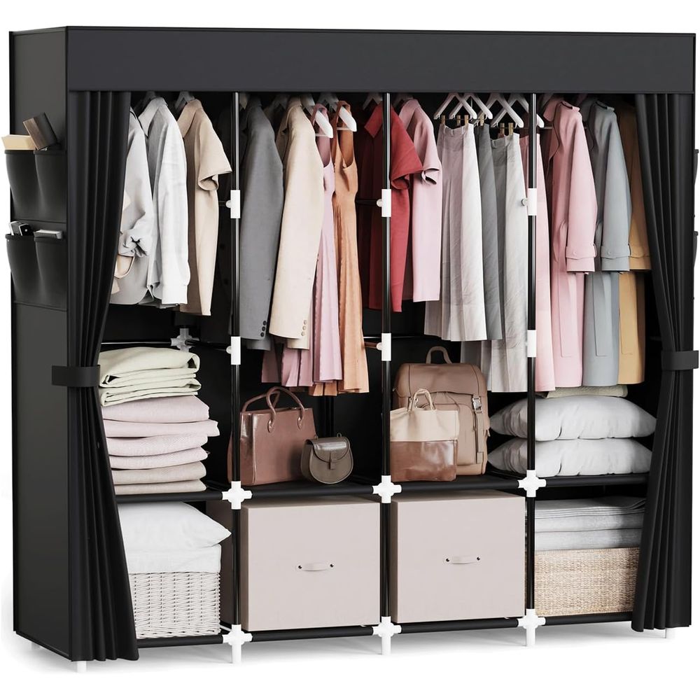 Wardrobe Closet Portable Fabric Cover - Organizer Pakaian dengan 4 Batang Gantungan,