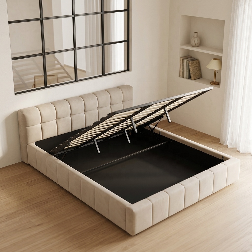 Gas Lift Storage Bed Hydraulic - Tempat Tidur Empuk Modern Berlapis Kain
