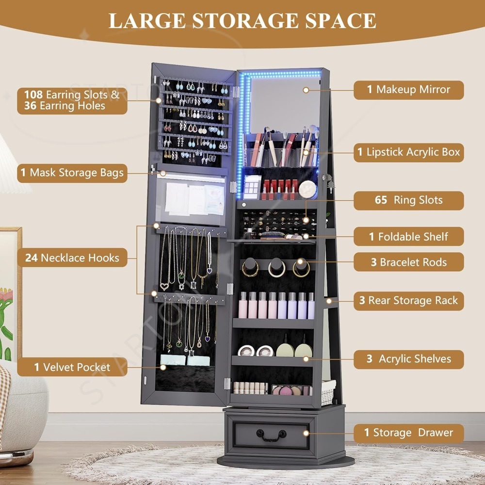 Full Length Mirror Jewelry Armoire - Lemari Perhiasan Cermin Berdiri, 360 °