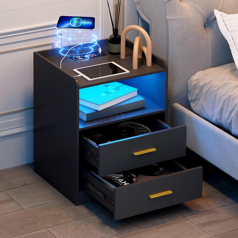 Meja Nakas LED Hitam dengan St - Solid Wood Nightstand 2 Drawers ulasan dan harga