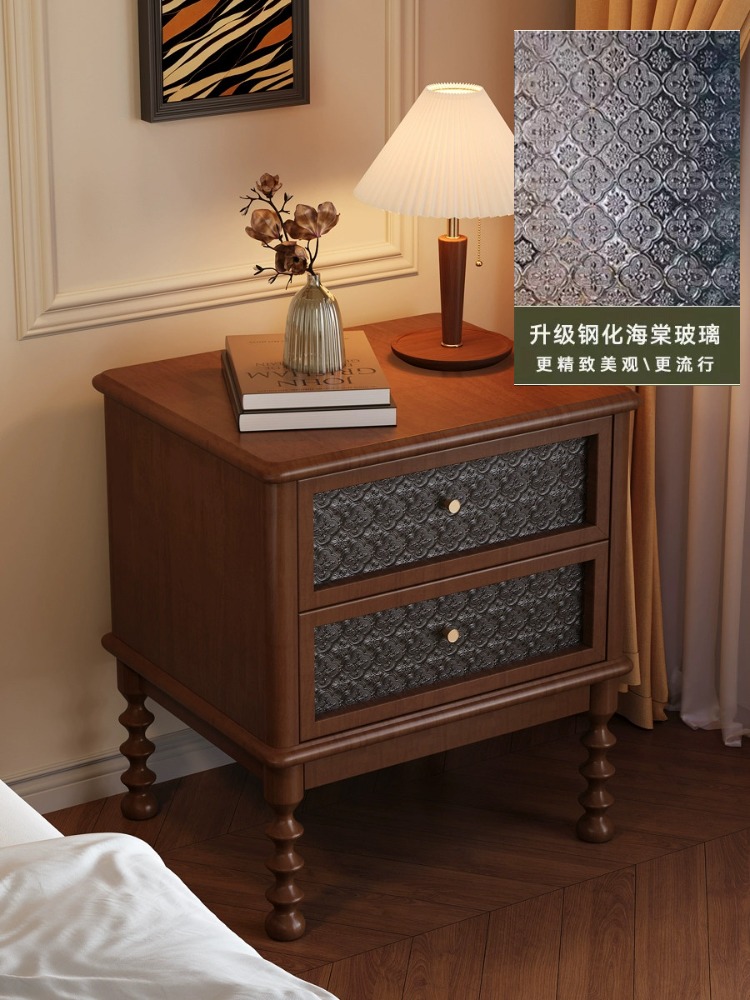 Meja Nakas Vintage Kaca Cetak  - Solid Wood Nightstand 2 Drawers ulasan dan harga
