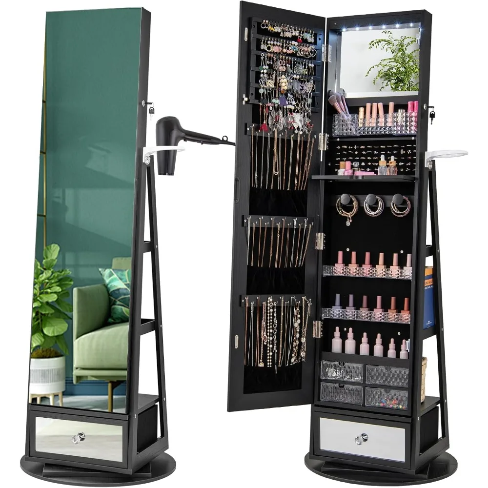 360 °   Lemari Perhiasan Putar - Full Length Mirror Jewelry Armoire ulasan dan harga