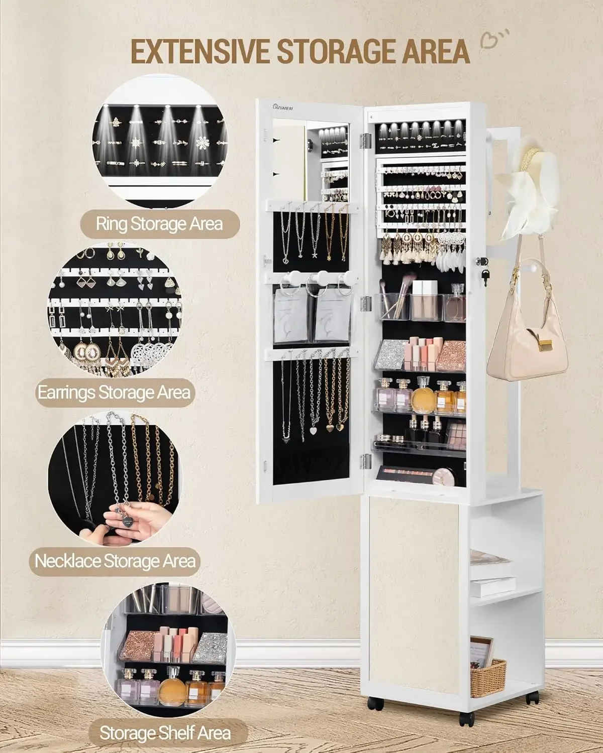 Lemari Perhiasan 8 LED, Organi - Full Length Mirror Jewelry Armoire ulasan dan harga