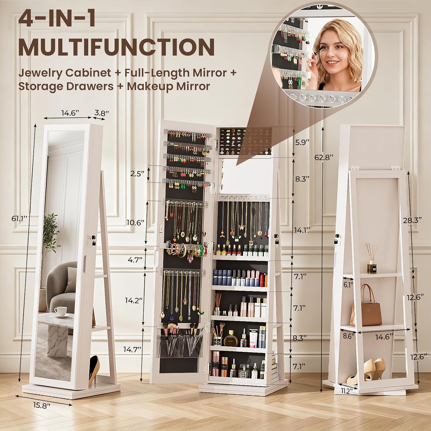 Lemari Perhiasan 4-In-1, Lemar - Full Length Mirror Jewelry Armoire ulasan dan harga